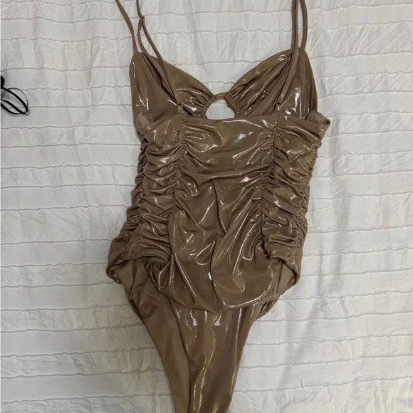 Zara Metallic Ruched Spaghetti-Strap Bodysuit in Gold - Picture 3 of 4
